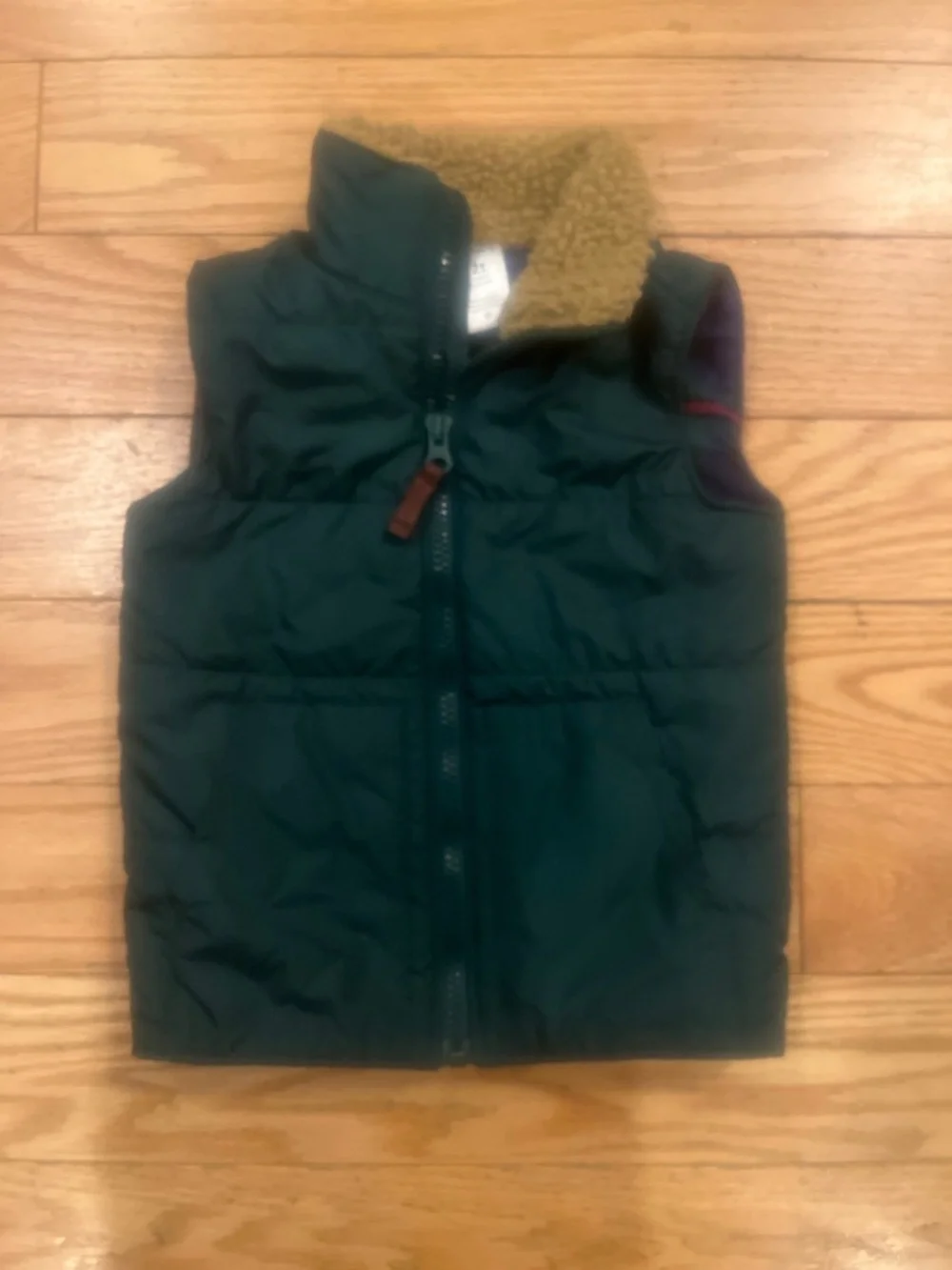 Boys 2T Reversible Green Plaid Puffer Vest Sherpa Collar
